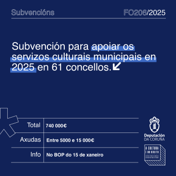 A Deputación subvenciona con 740.000 euros os gastos de persoal técnico dos servizos municipais de cultura en 2025